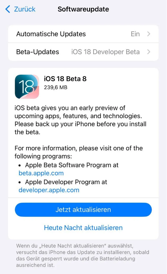 鱼台苹果手机维修分享苹果 iOS / iPadOS 18 开发者预览版 Beta 8 发布 